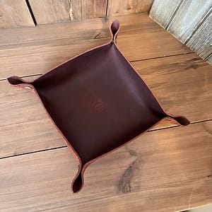 Handmade full grain leather valet tray made in Canada, a durable leather catchall tray for keys, coins, and everyday carry.